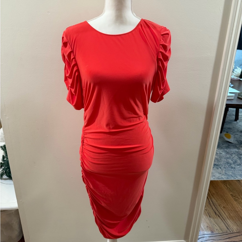 Red Ruched Sleeve Women's Dress